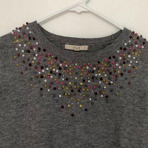 Festive Gray Sweater - Colored Pom Pom Detail - Womens Small